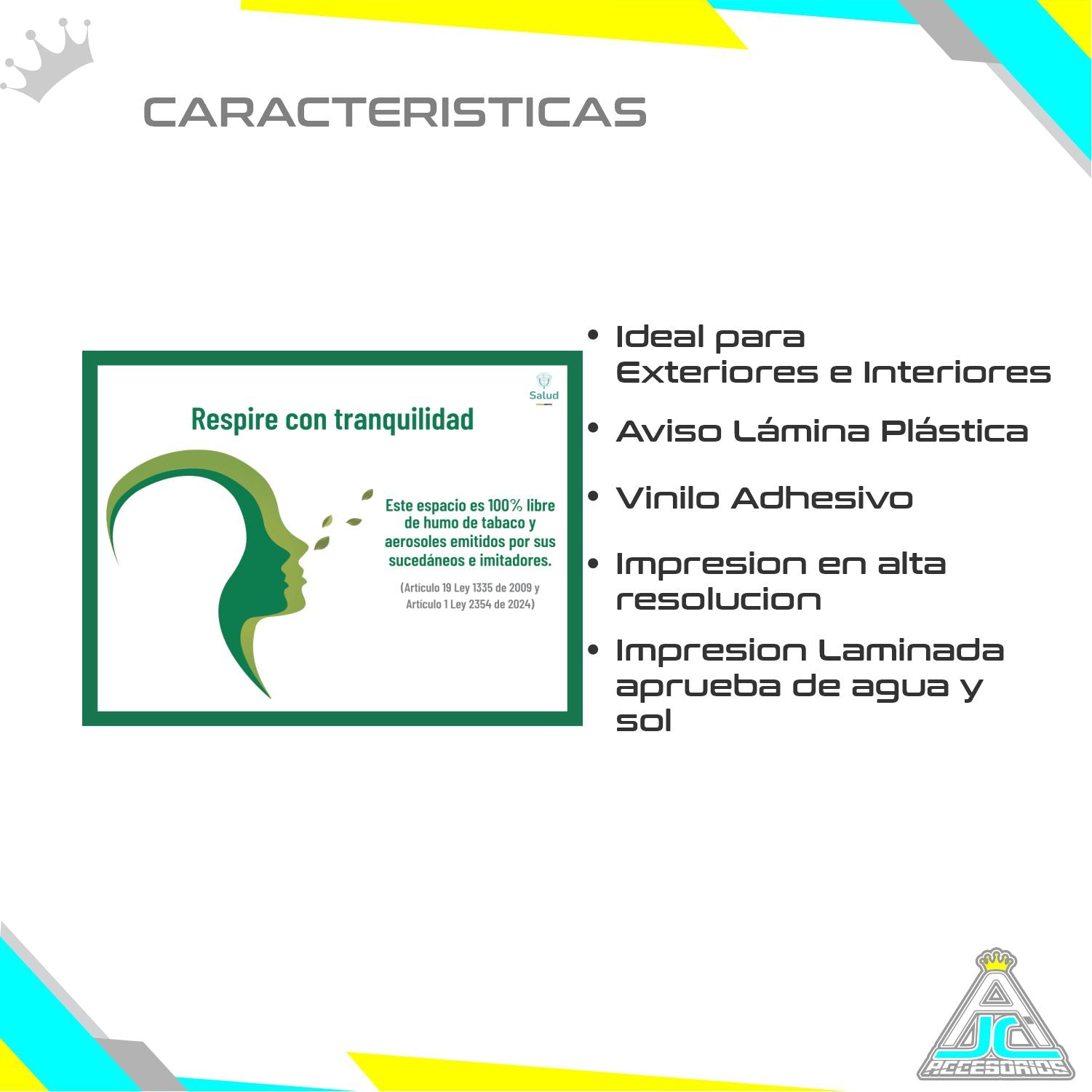 Aviso Espacio 100% Libre de Humo Respire Con Tranquilidad Lámina Plástica
