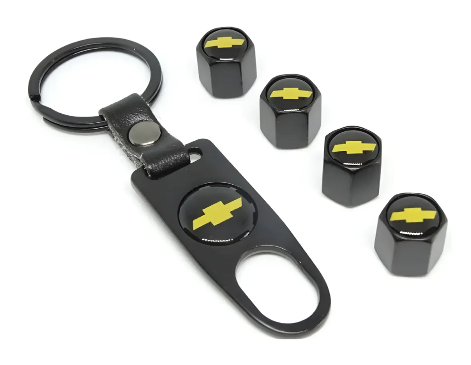 Kit Tapas Válvula Llanta X4 + Llavero Logo Marca Carro Negro Renault - Chevrolet