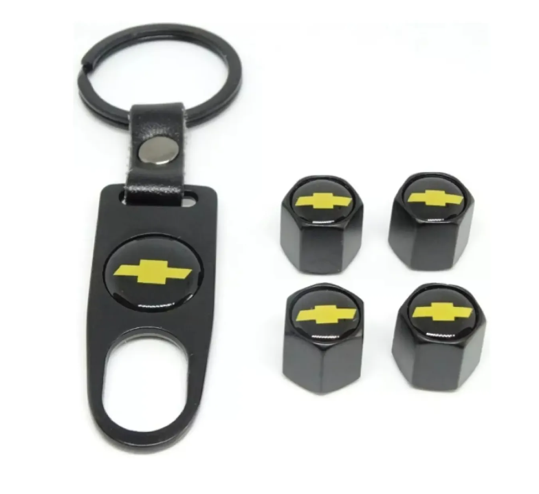 Kit Tapas Válvula Llanta X4 + Llavero Logo Marca Carro Negro Renault - Chevrolet