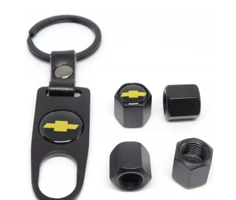 Kit Tapas Válvula Llanta X4 + Llavero Logo Marca Carro Negro Renault - Chevrolet