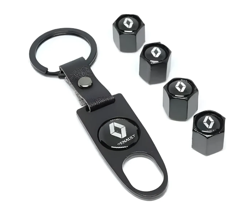 Kit Tapas Válvula Llanta X4 + Llavero Logo Marca Carro Negro Renault - Chevrolet